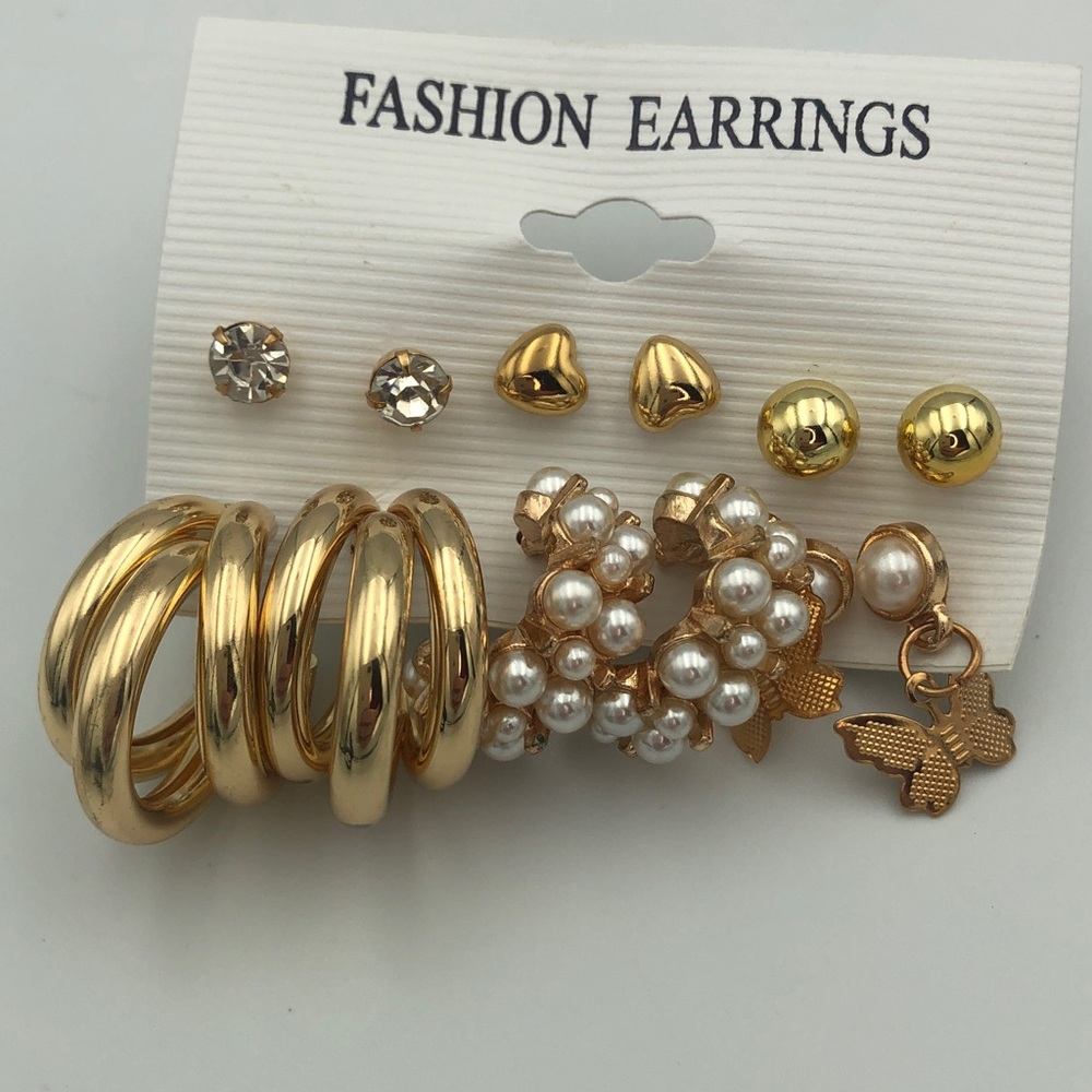 Gold and Pearl Fashion Earrings Set of 6 Pairs